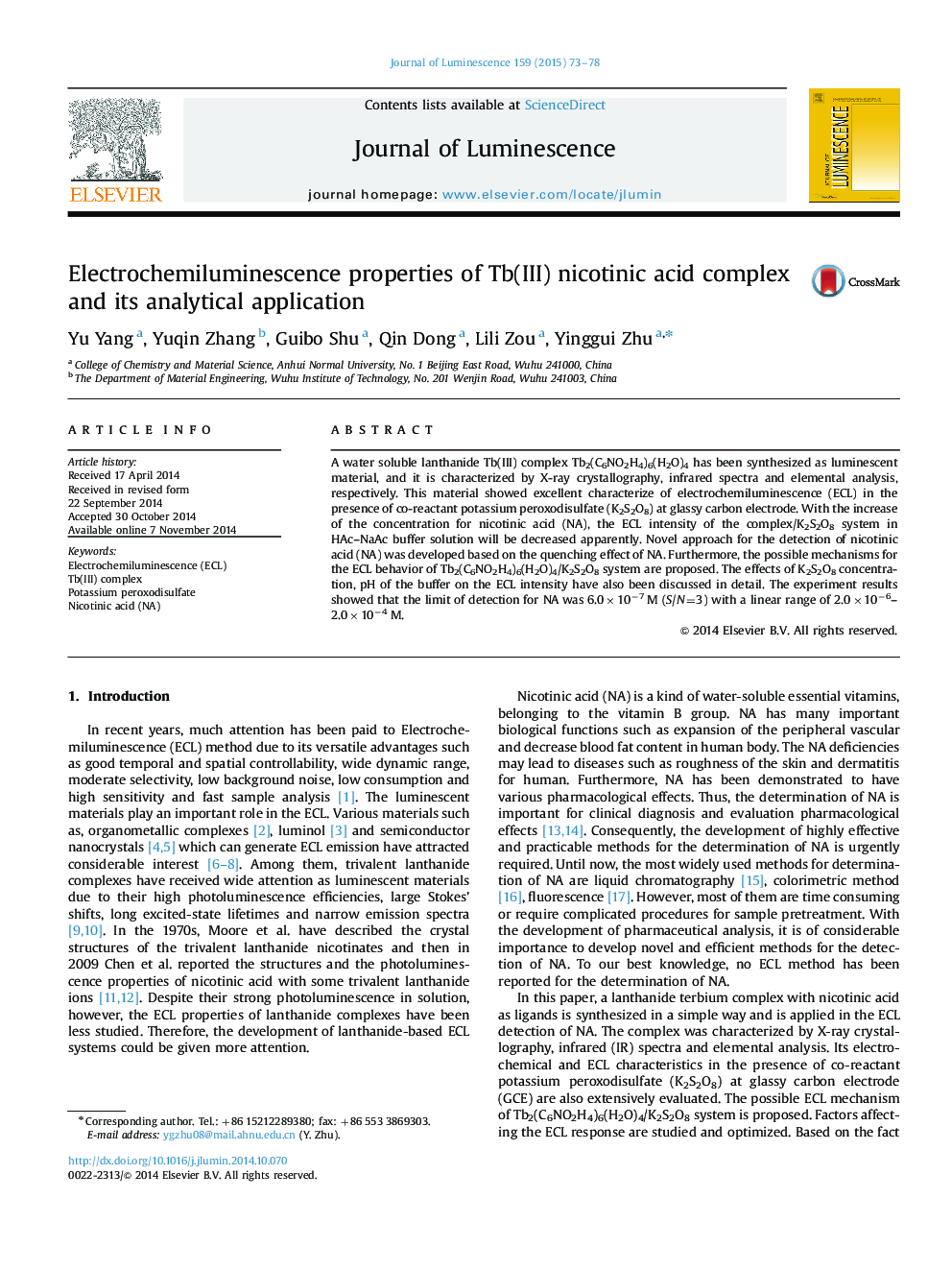 Electrochemiluminescence properties of Tb(III) nicotinic acid complex and its analytical application