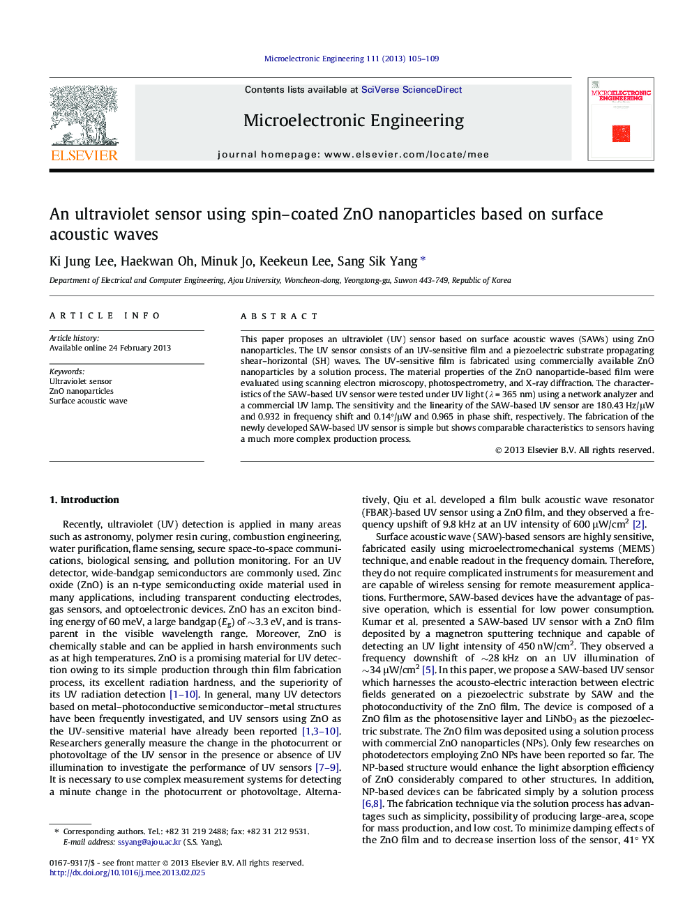 An ultraviolet sensor using spin–coated ZnO nanoparticles based on surface acoustic waves