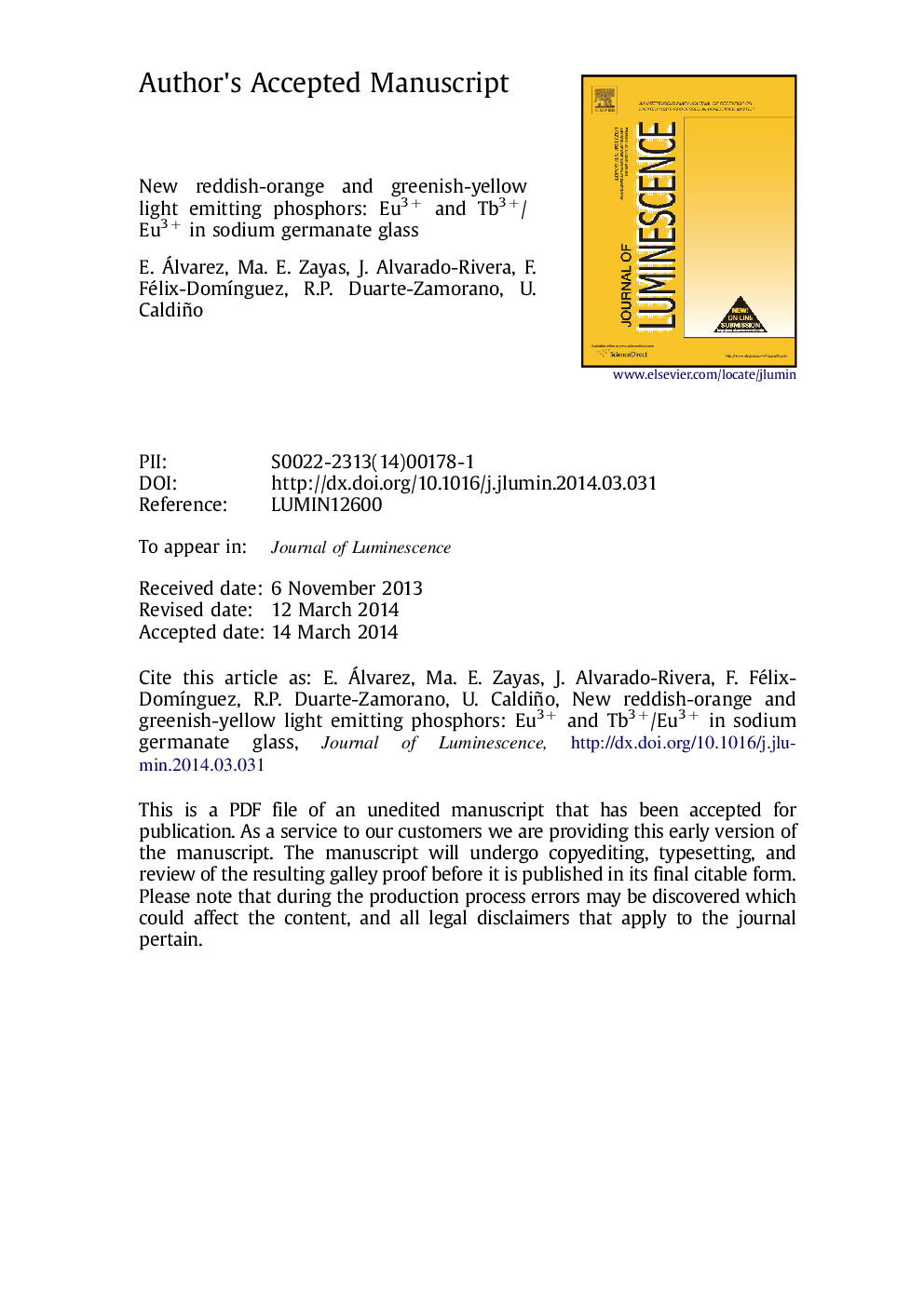 New reddish-orange and greenish-yellow light emitting phosphors: Eu3+ and Tb3+/Eu3+ in sodium germanate glass