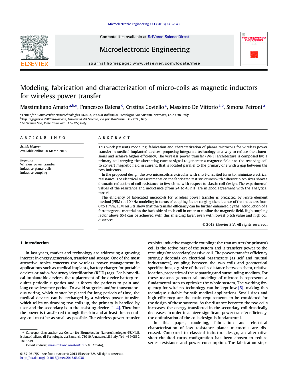 Modeling, fabrication and characterization of micro-coils as magnetic inductors for wireless power transfer