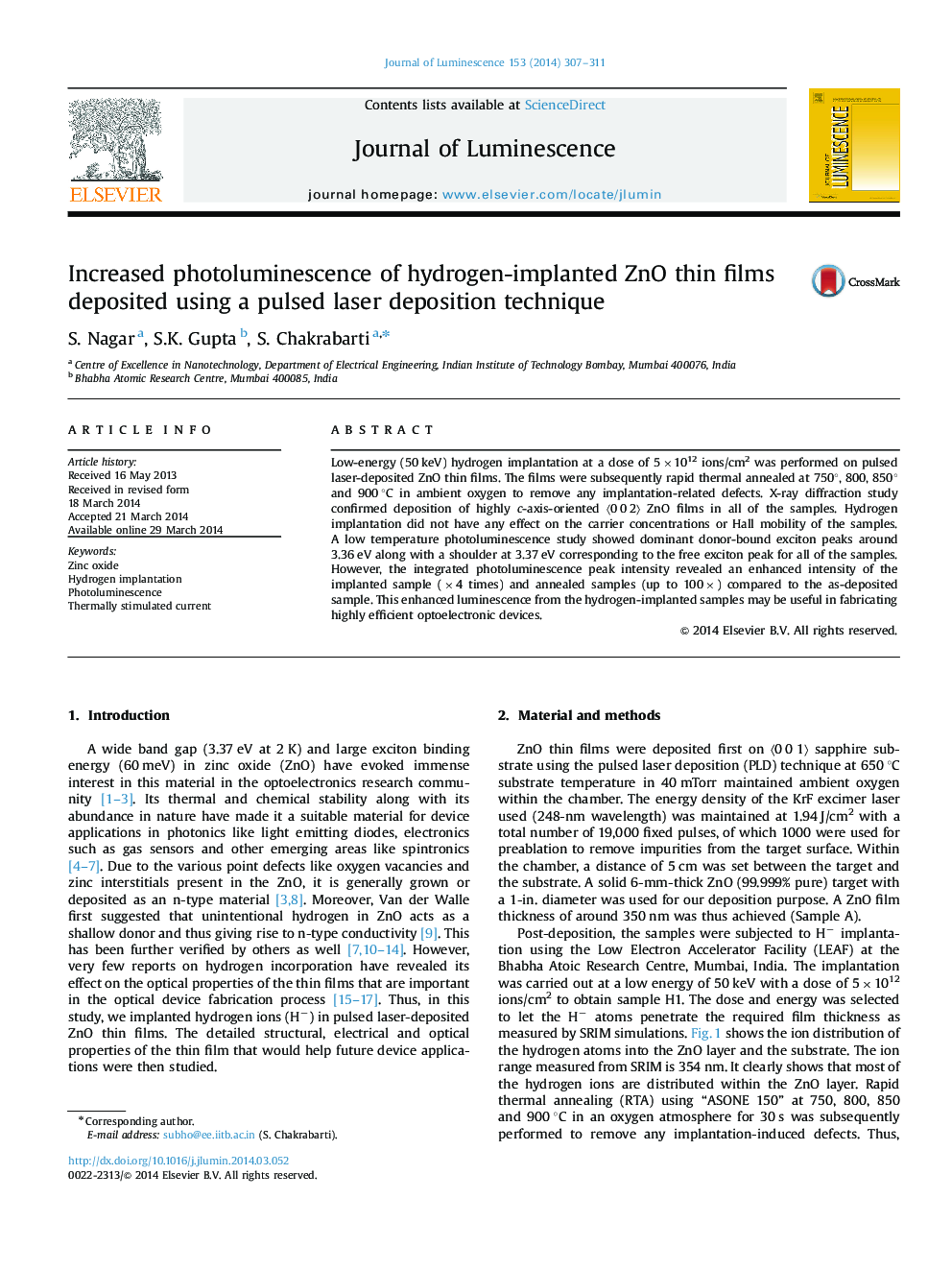 Increased photoluminescence of hydrogen-implanted ZnO thin films deposited using a pulsed laser deposition technique