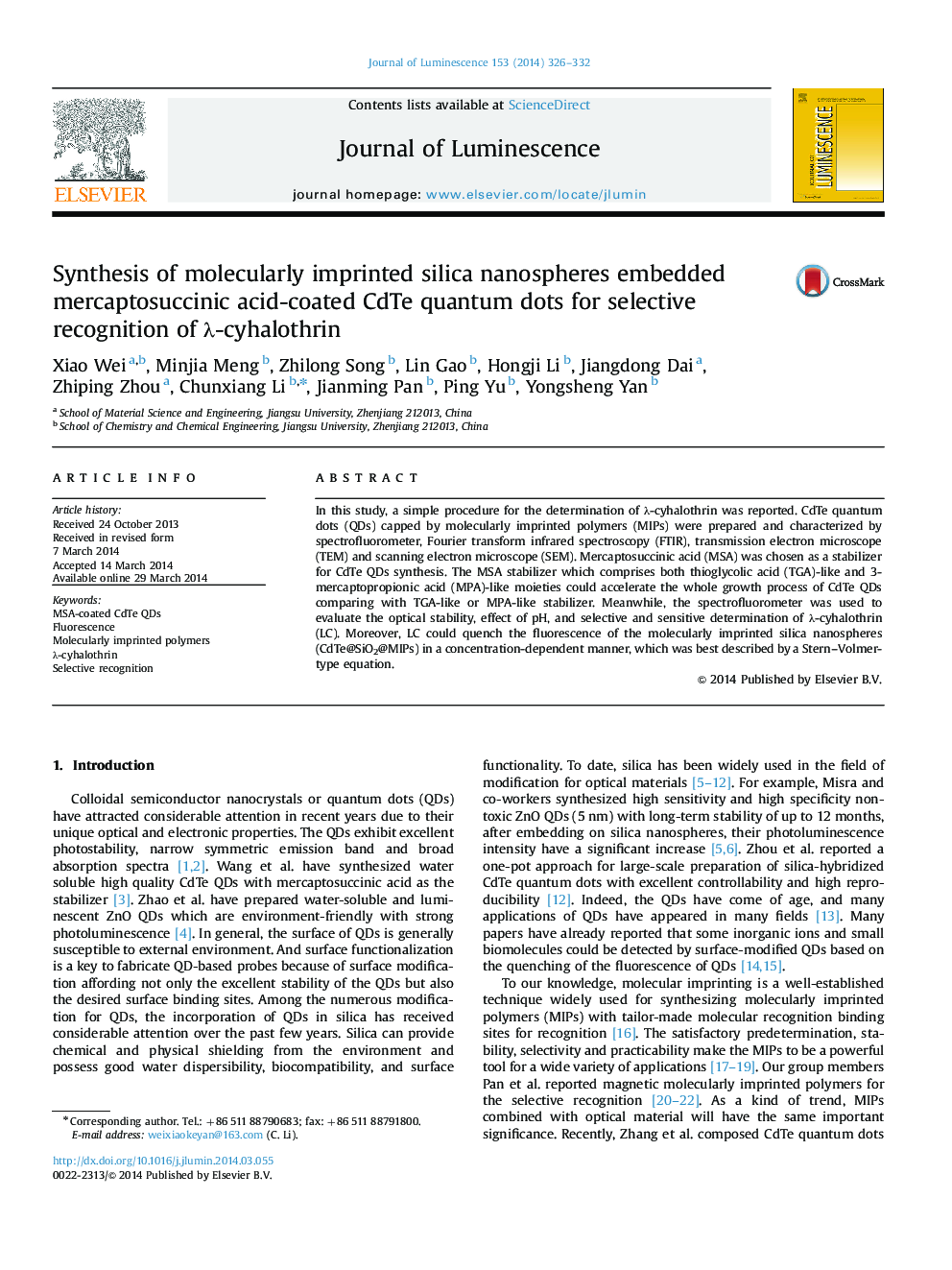 Synthesis of molecularly imprinted silica nanospheres embedded mercaptosuccinic acid-coated CdTe quantum dots for selective recognition of Î»-cyhalothrin