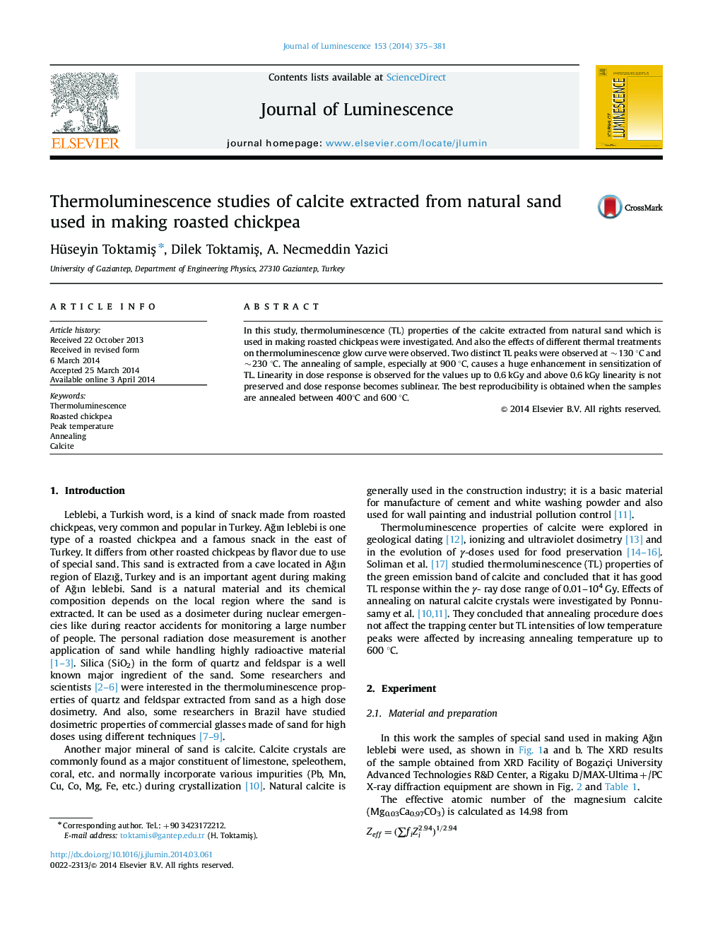 Thermoluminescence studies of calcite extracted from natural sand used in making roasted chickpea