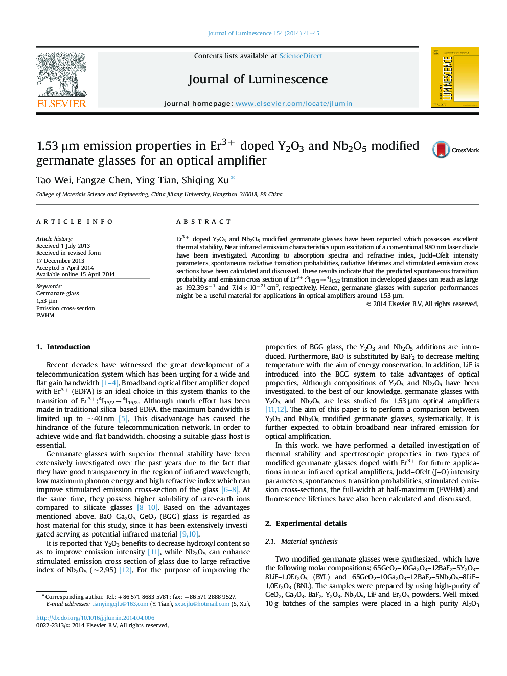 1.53Â Î¼m emission properties in Er3+ doped Y2O3 and Nb2O5 modified germanate glasses for an optical amplifier