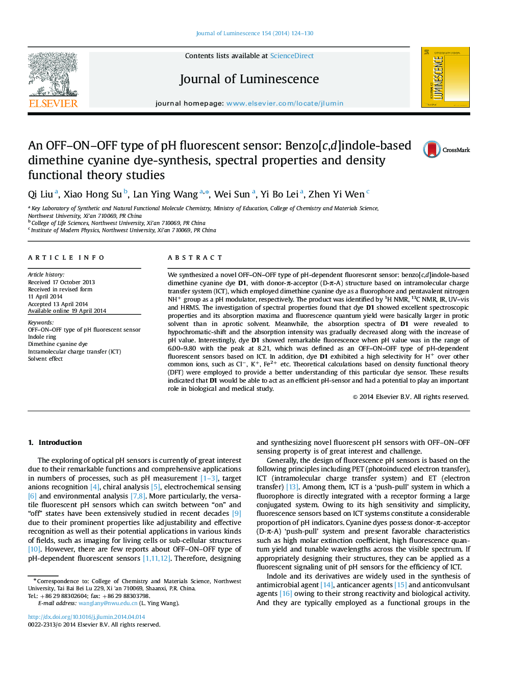 An OFF-ON-OFF type of pH fluorescent sensor: Benzo[c,d]indole-based dimethine cyanine dye-synthesis, spectral properties and density functional theory studies