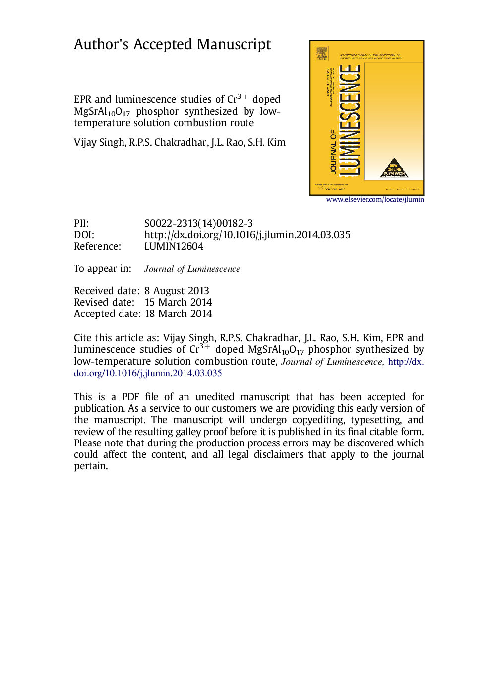 EPR and luminescence studies of Cr3+ doped MgSrAl10O17 phosphor synthesized by a low-temperature solution combustion route