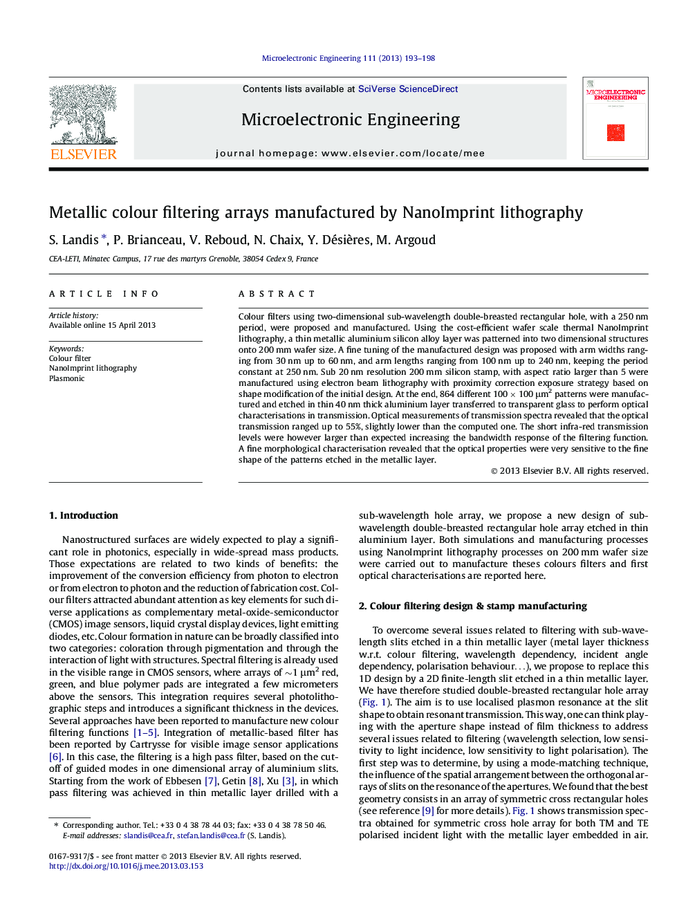 Metallic colour filtering arrays manufactured by NanoImprint lithography