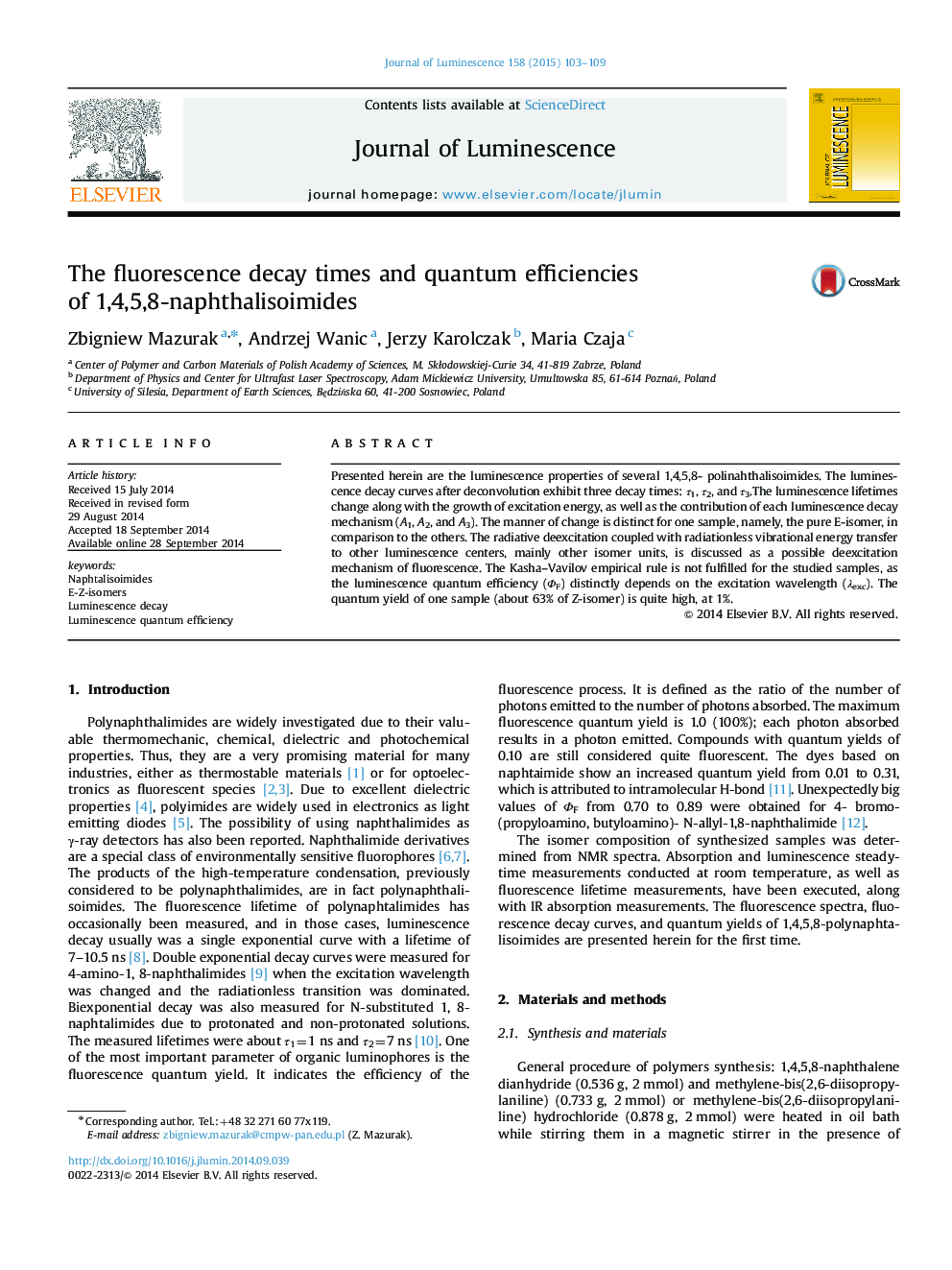 The fluorescence decay times and quantum efficiencies of 1,4,5,8-naphthalisoimides