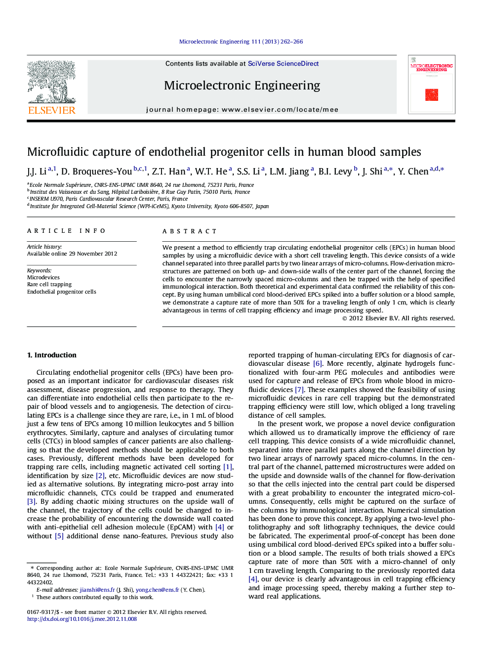 Microfluidic capture of endothelial progenitor cells in human blood samples