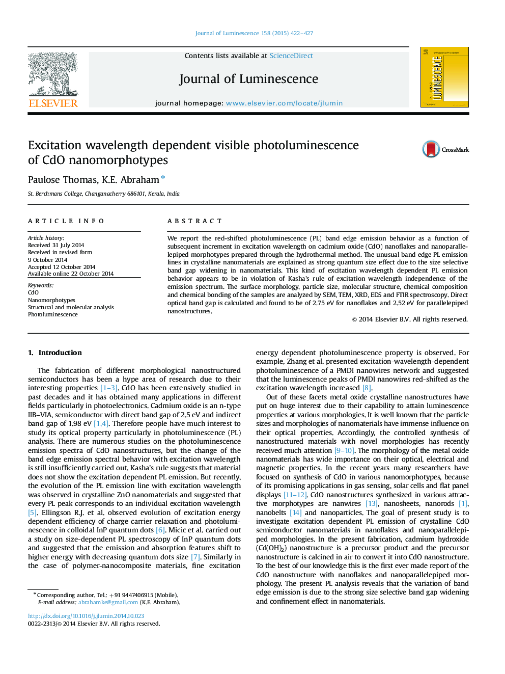 Excitation wavelength dependent visible photoluminescence of CdO nanomorphotypes