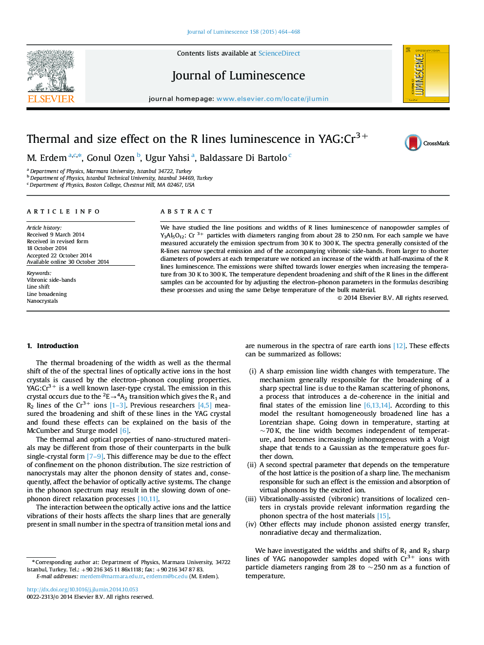 Thermal and size effect on the R lines luminescence in YAG:Cr3+