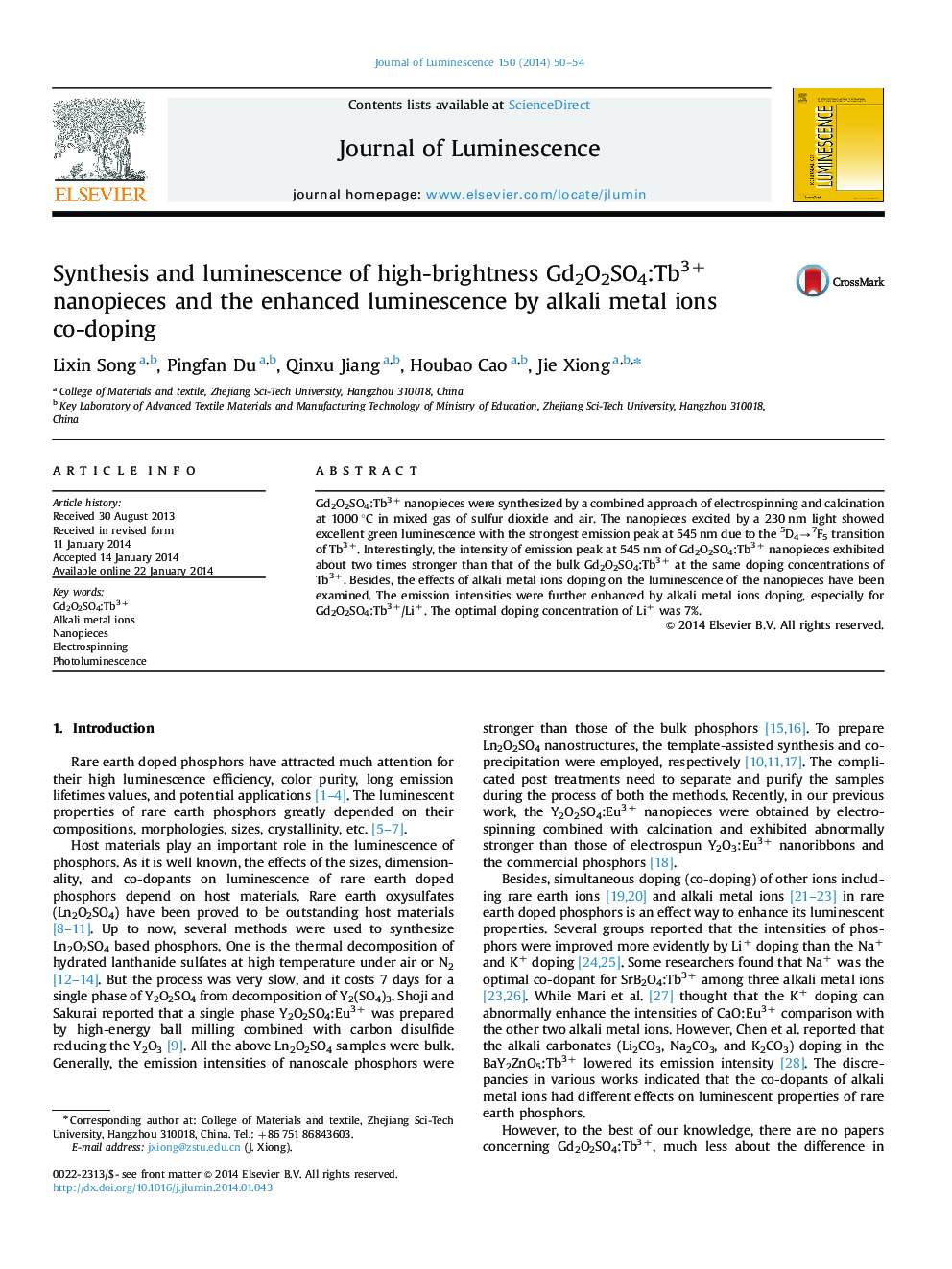 Synthesis and luminescence of high-brightness Gd2O2SO4:Tb3+ nanopieces and the enhanced luminescence by alkali metal ions co-doping