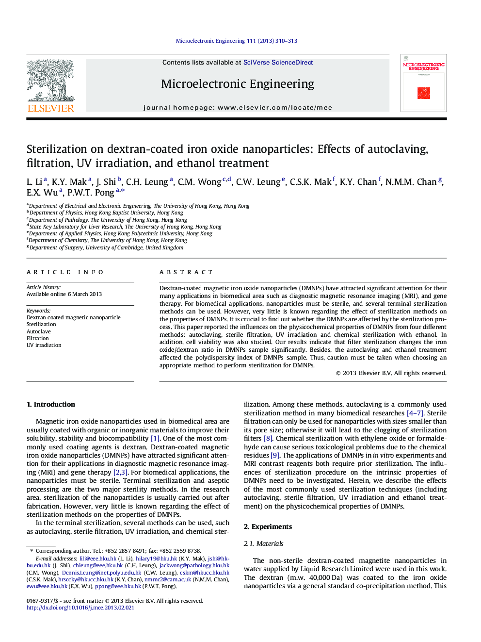 Sterilization on dextran-coated iron oxide nanoparticles: Effects of autoclaving, filtration, UV irradiation, and ethanol treatment