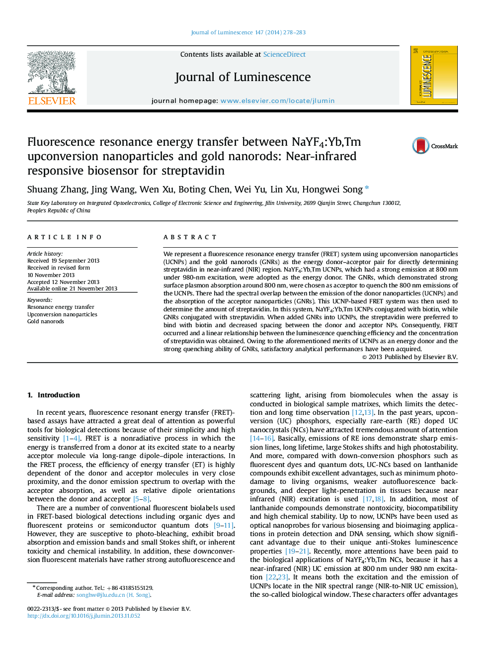 Fluorescence resonance energy transfer between NaYF4:Yb,Tm upconversion nanoparticles and gold nanorods: Near-infrared responsive biosensor for streptavidin