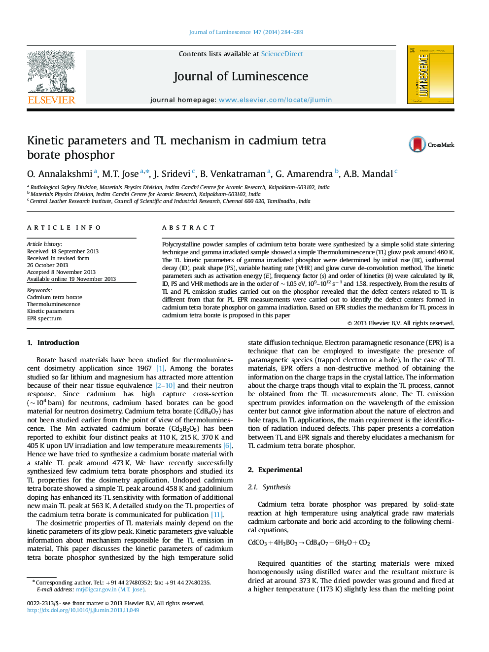 Kinetic parameters and TL mechanism in cadmium tetra borate phosphor