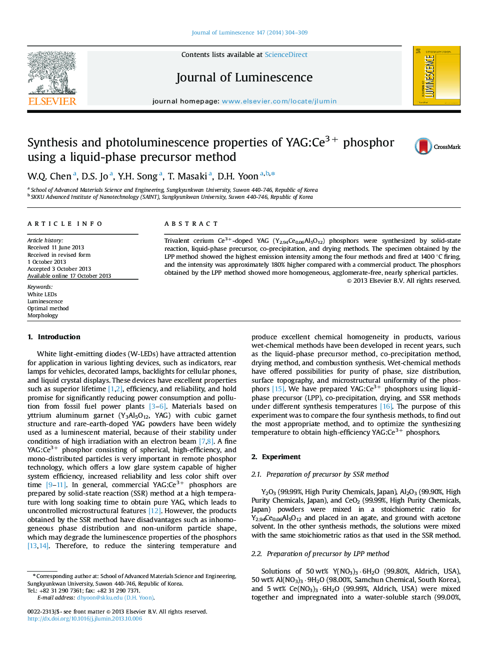 عکس صفحه اول مقاله: Synthesis and photoluminescence properties of YAG:Ce3+ phosphor using a liquid-phase precursor method Synthesis and photoluminescence properties of YAG:Ce3+ phosphor using a liquid-phase precursor method