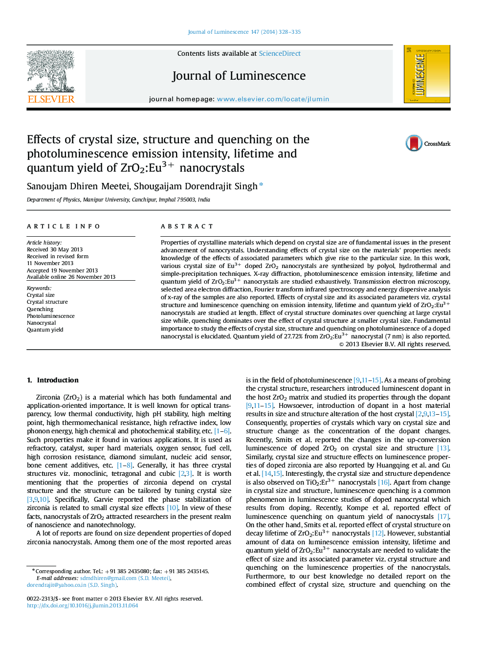 Effects of crystal size, structure and quenching on the photoluminescence emission intensity, lifetime and quantum yield of ZrO2:Eu3+ nanocrystals