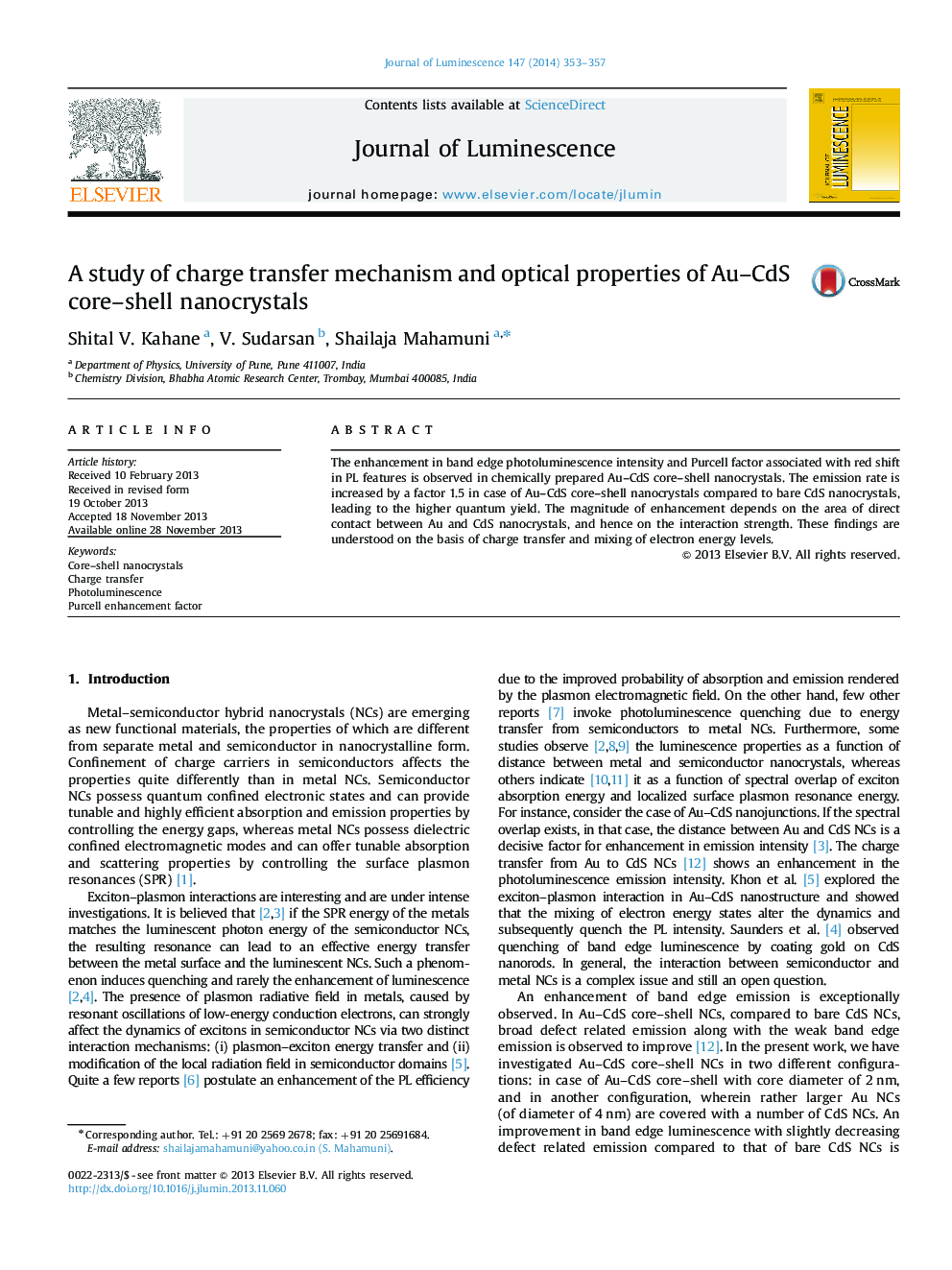 عکس صفحه اول مقاله: A study of charge transfer mechanism and optical properties of Au-CdS core-shell nanocrystals A study of charge transfer mechanism and optical properties of Au-CdS core-shell nanocrystals