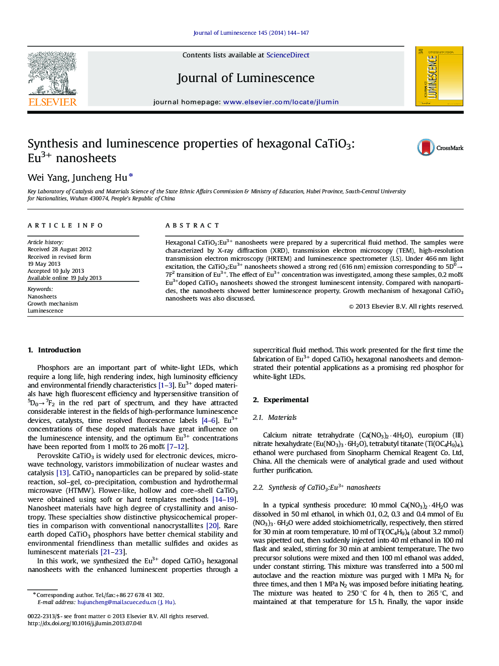 Synthesis and luminescence properties of hexagonal CaTiO3:Eu3+ nanosheets