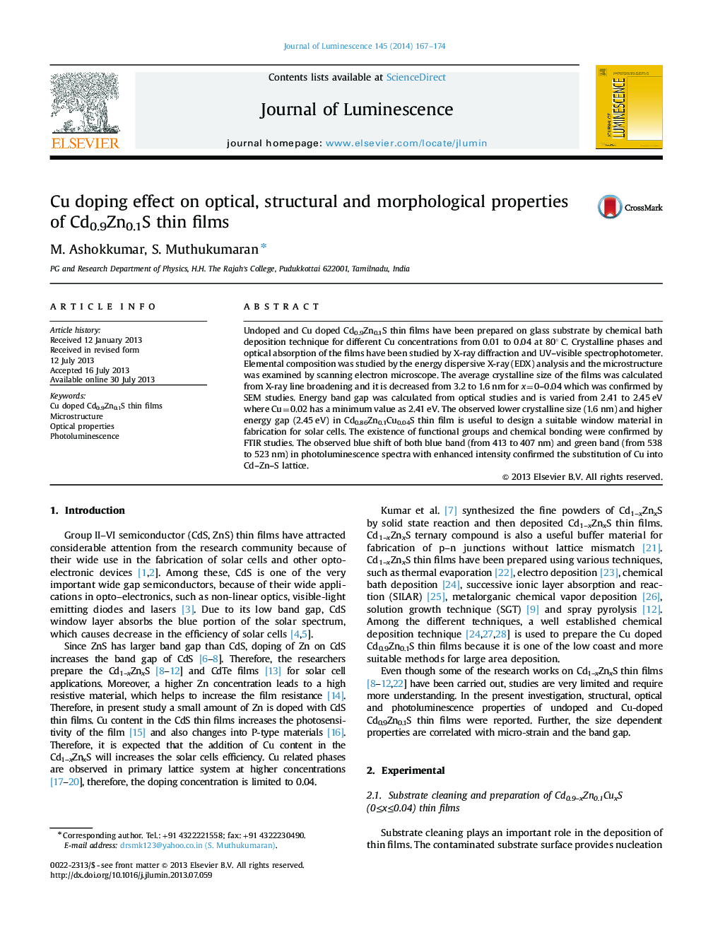 Cu doping effect on optical, structural and morphological properties of Cd0.9Zn0.1S thin films