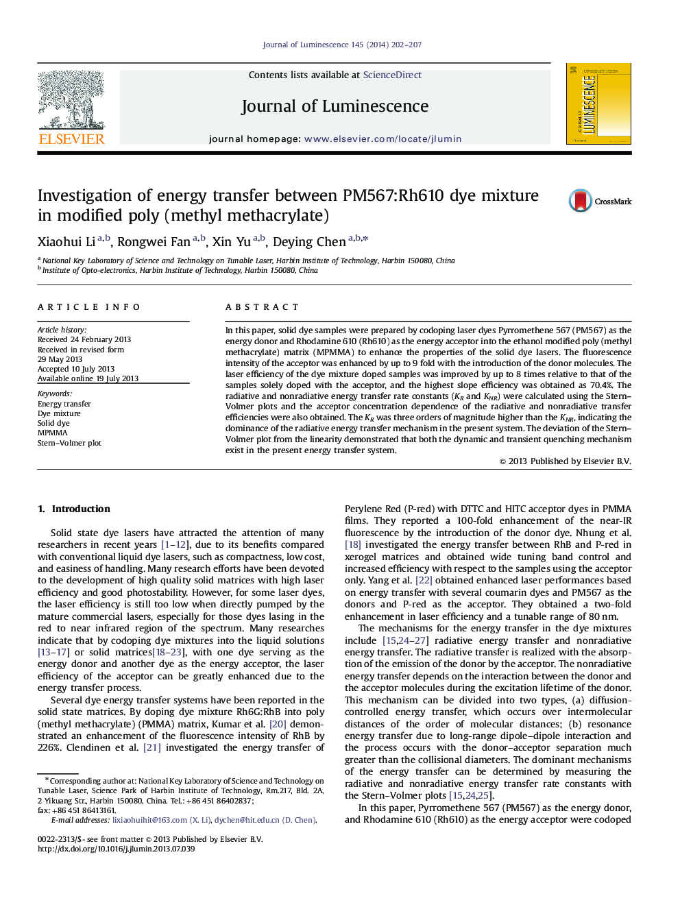 Investigation of energy transfer between PM567:Rh610 dye mixture in modified poly (methyl methacrylate)