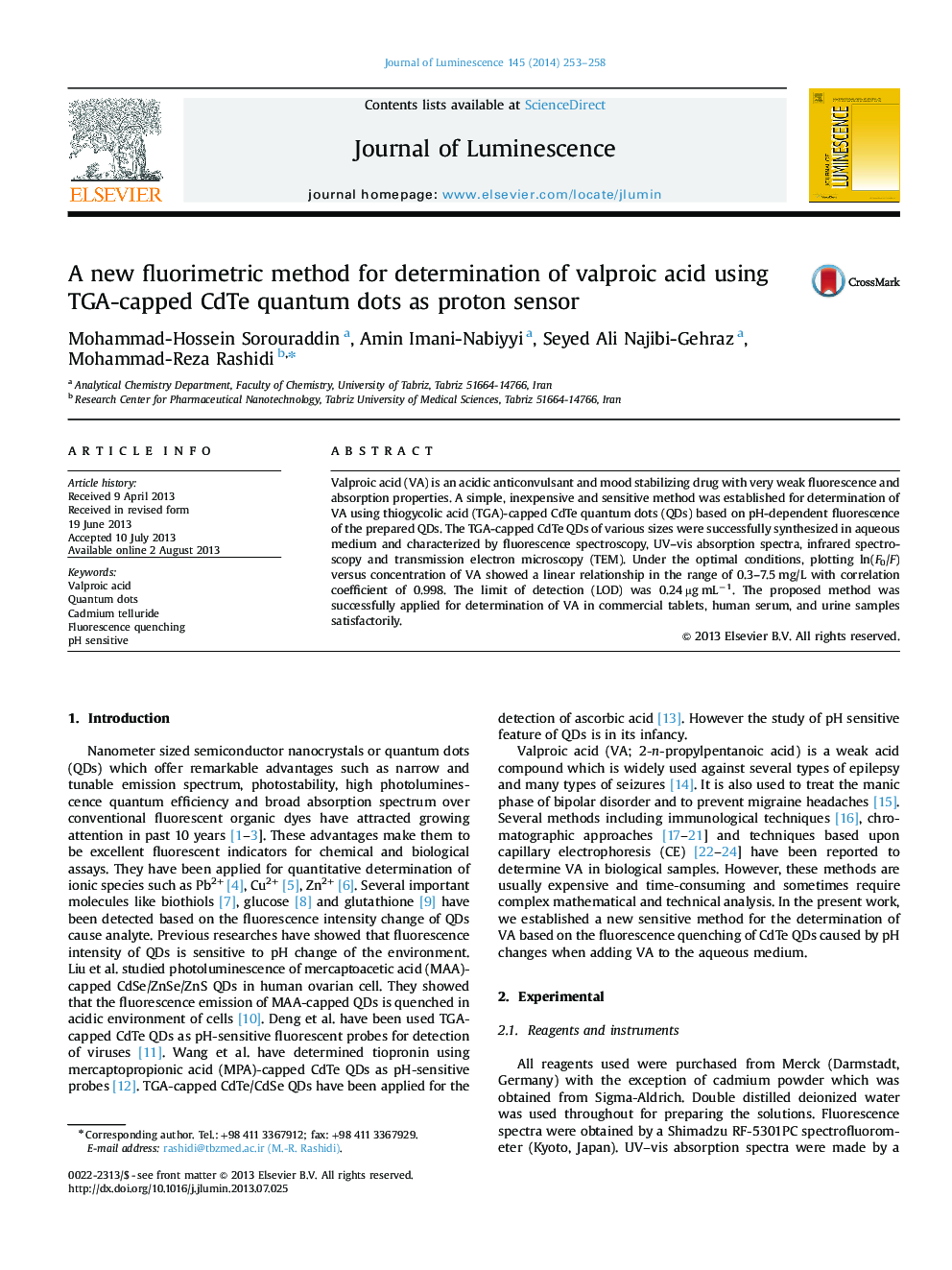 A new fluorimetric method for determination of valproic acid using TGA-capped CdTe quantum dots as proton sensor