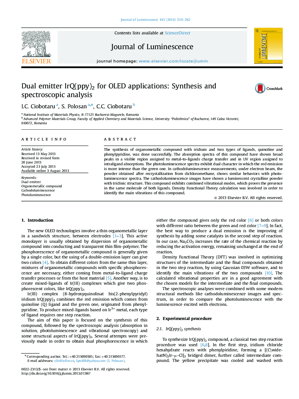 Dual emitter IrQ(ppy)2 for OLED applications: Synthesis and spectroscopic analysis