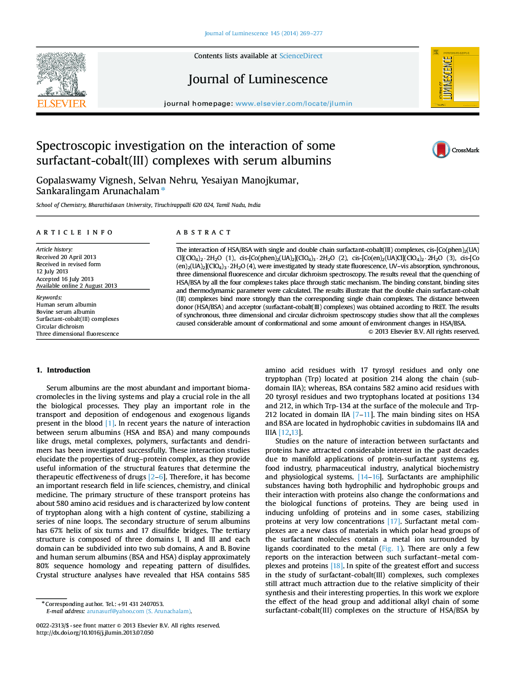 Spectroscopic investigation on the interaction of some surfactant-cobalt(III) complexes with serum albumins