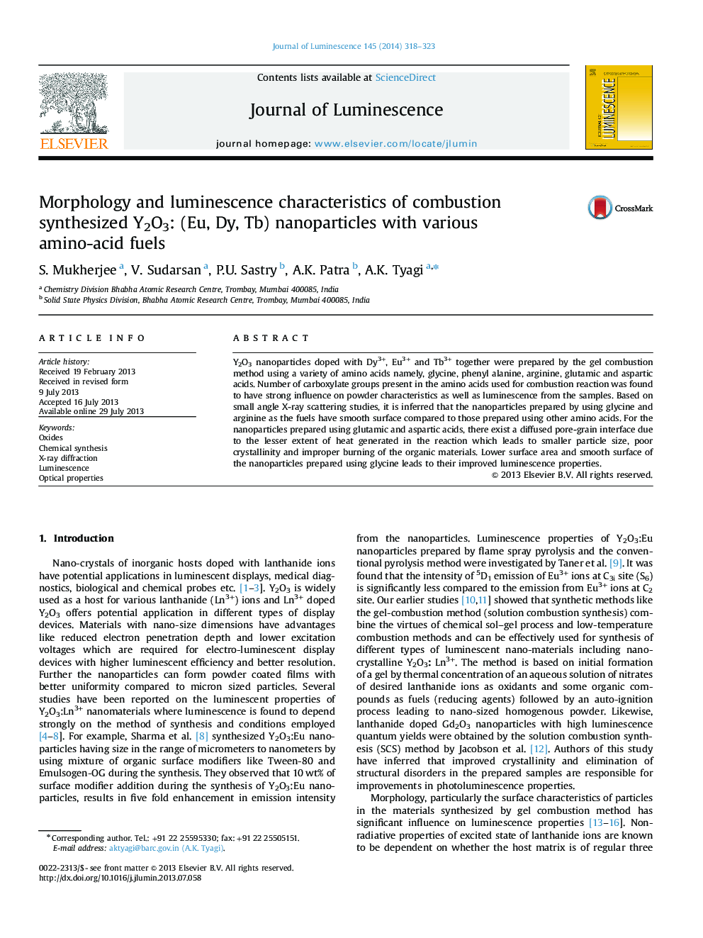 Morphology and luminescence characteristics of combustion synthesized Y2O3: (Eu, Dy, Tb) nanoparticles with various amino-acid fuels