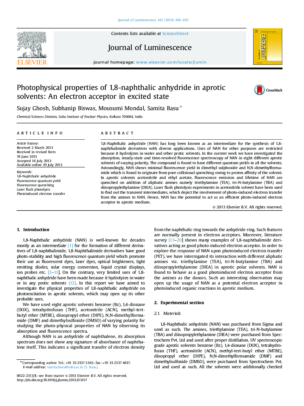 Photophysical properties of 1,8-naphthalic anhydride in aprotic solvents: An electron acceptor in excited state