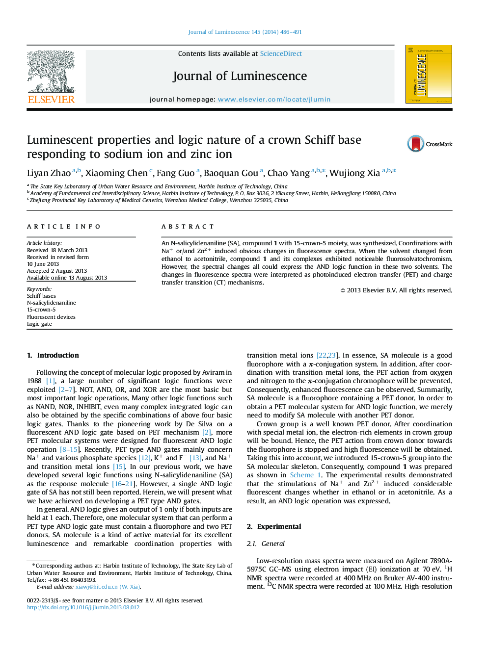 Luminescent properties and logic nature of a crown Schiff base responding to sodium ion and zinc ion