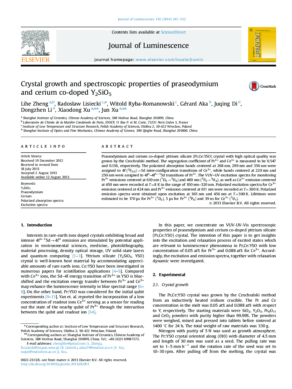 Crystal growth and spectroscopic properties of praseodymium and cerium co-doped Y2SiO5