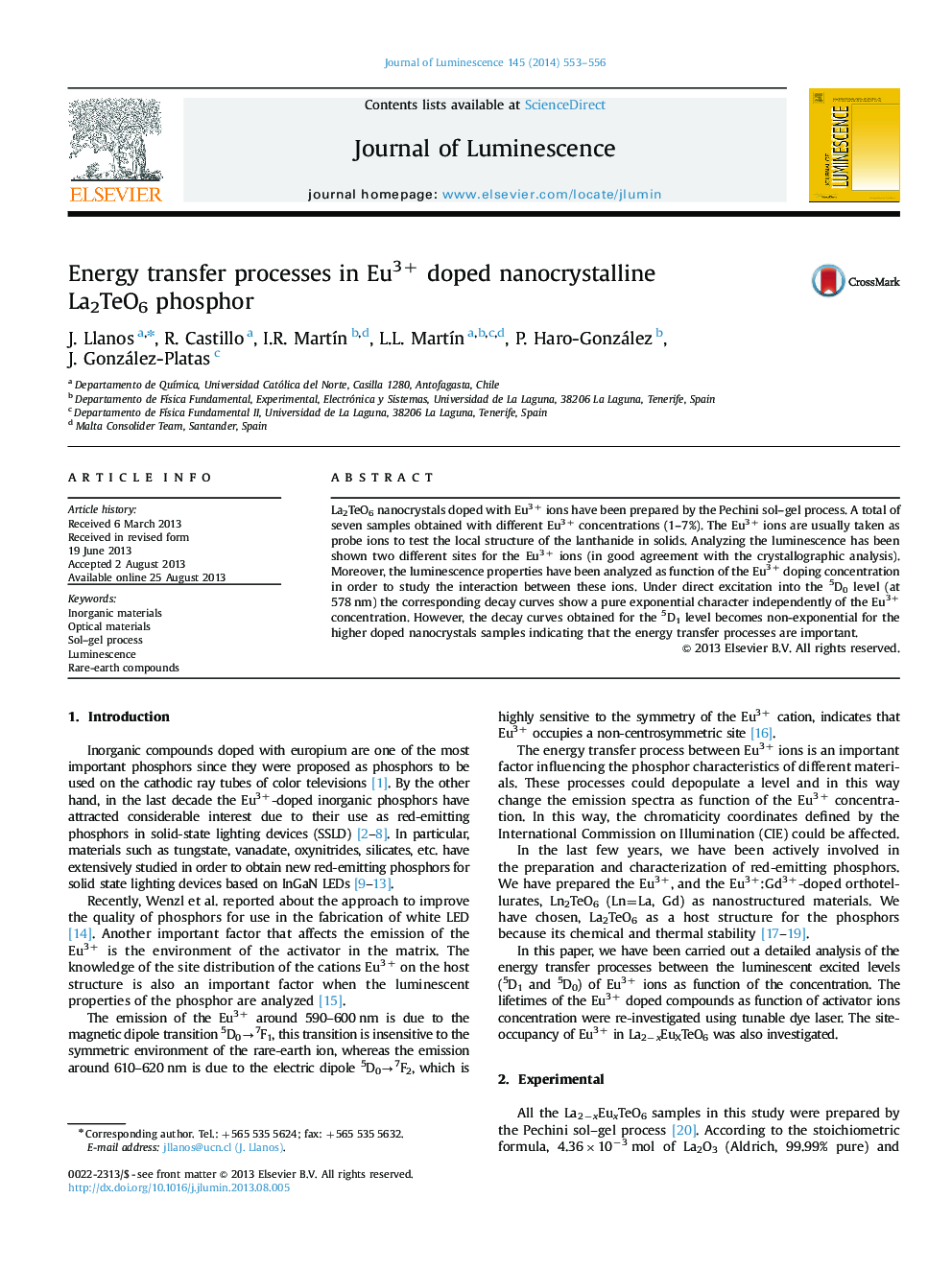 Energy transfer processes in Eu3+ doped nanocrystalline La2TeO6 phosphor