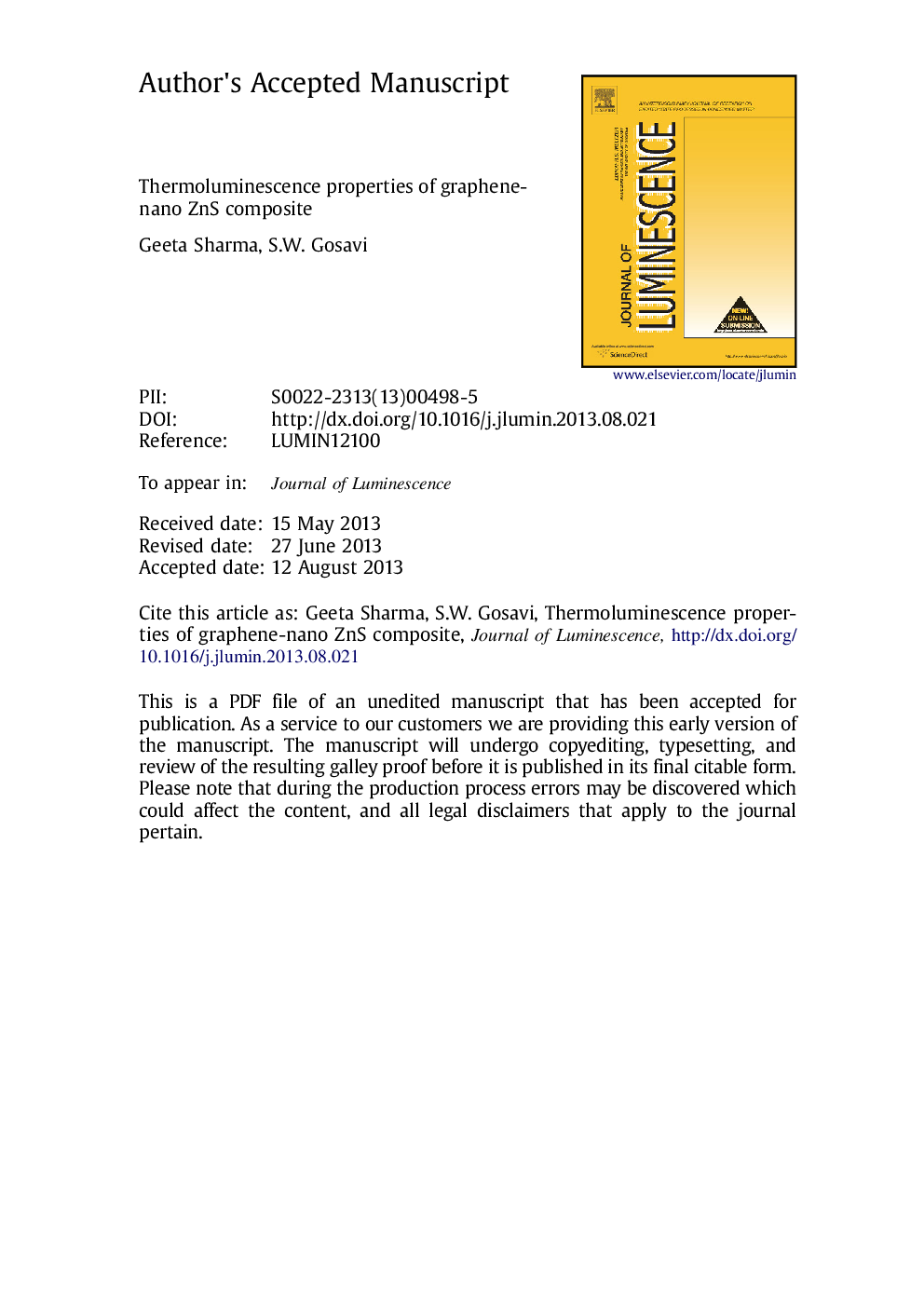 Thermoluminescence properties of graphene-nano ZnS composite