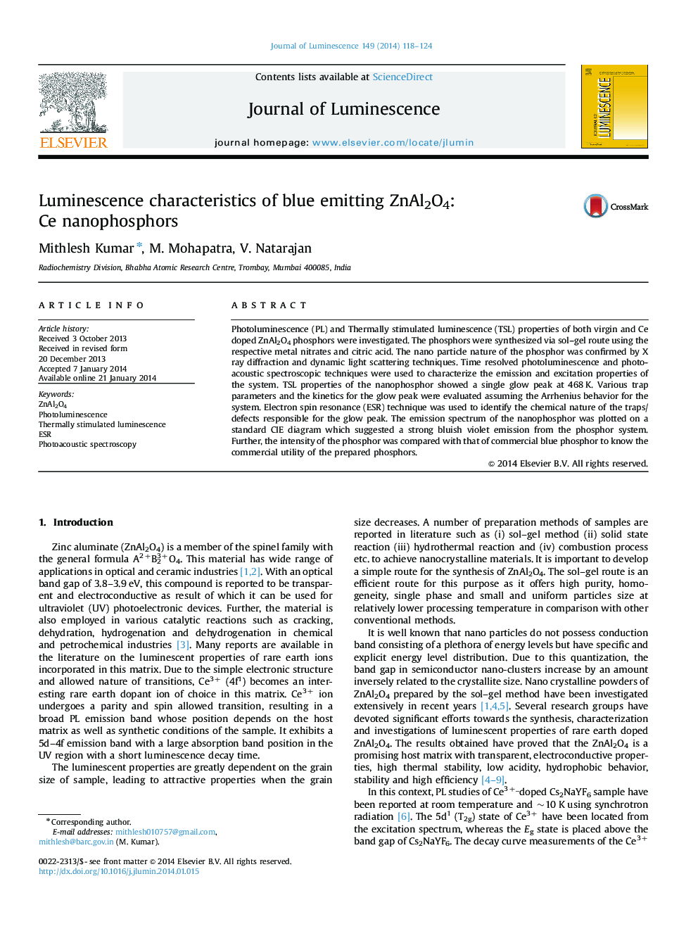 Luminescence characteristics of blue emitting ZnAl2O4: Ce nanophosphors