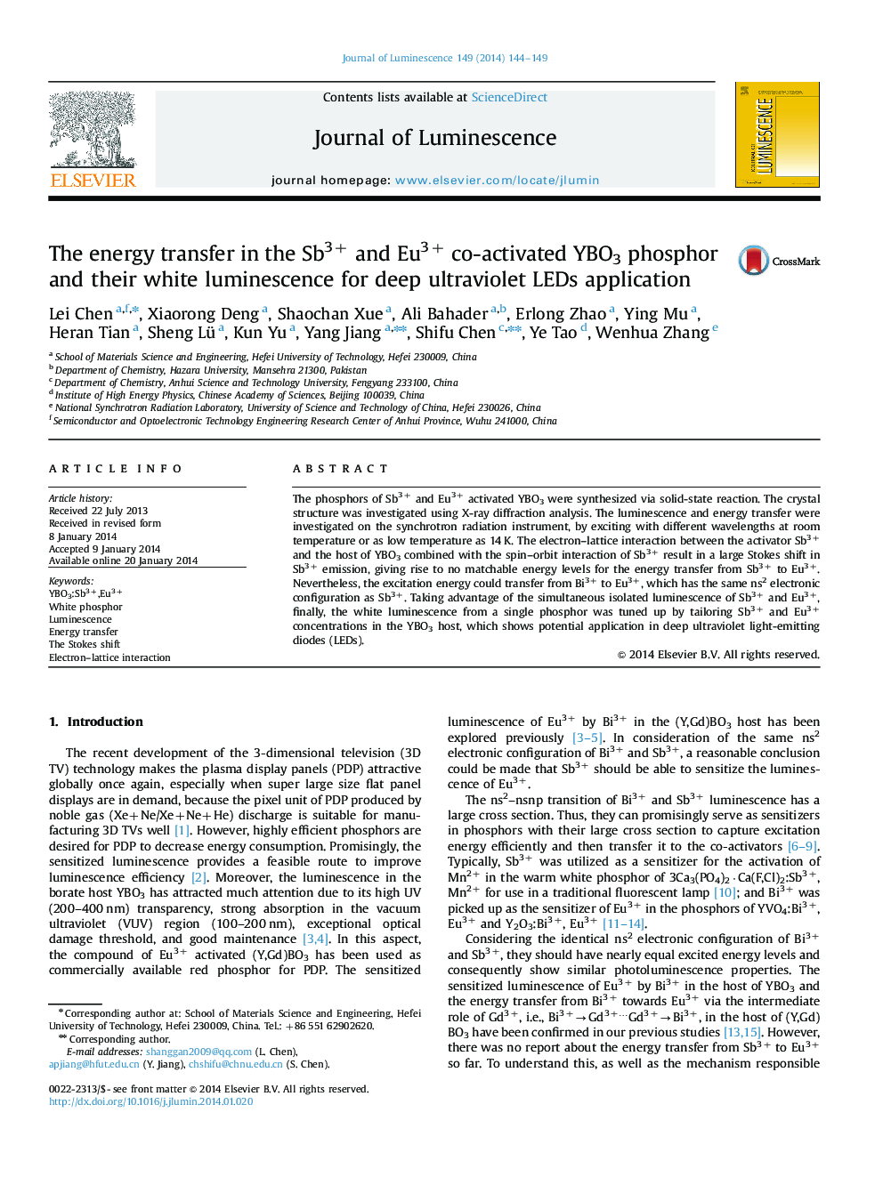 The energy transfer in the Sb3+ and Eu3+ co-activated YBO3 phosphor and their white luminescence for deep ultraviolet LEDs application