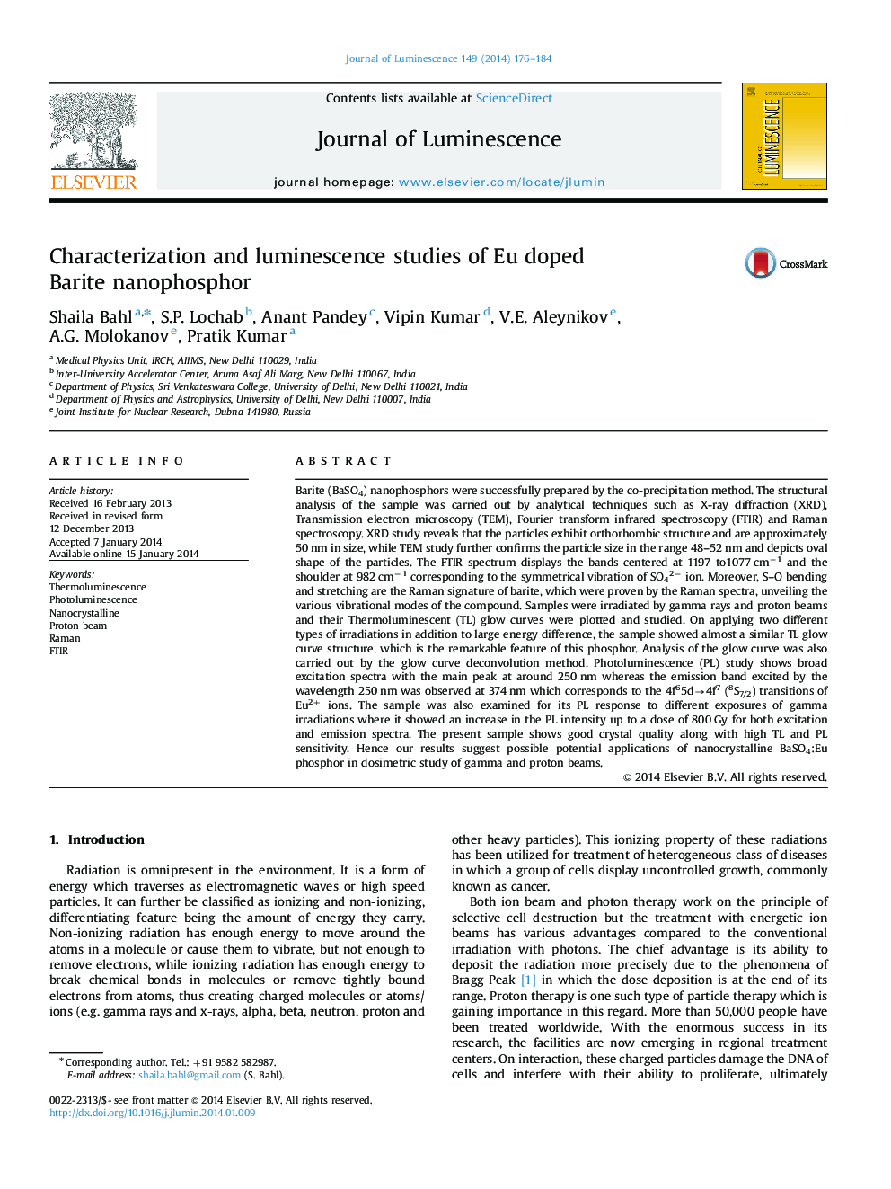 Characterization and luminescence studies of Eu doped Barite nanophosphor