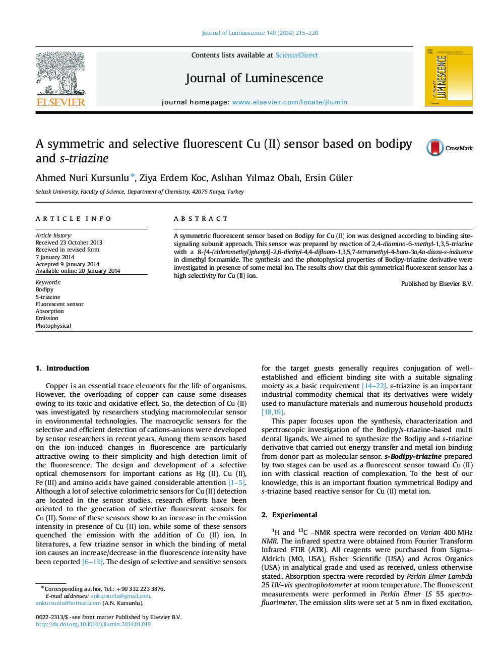 A symmetric and selective fluorescent Cu (II) sensor based on bodipy and s-triazine