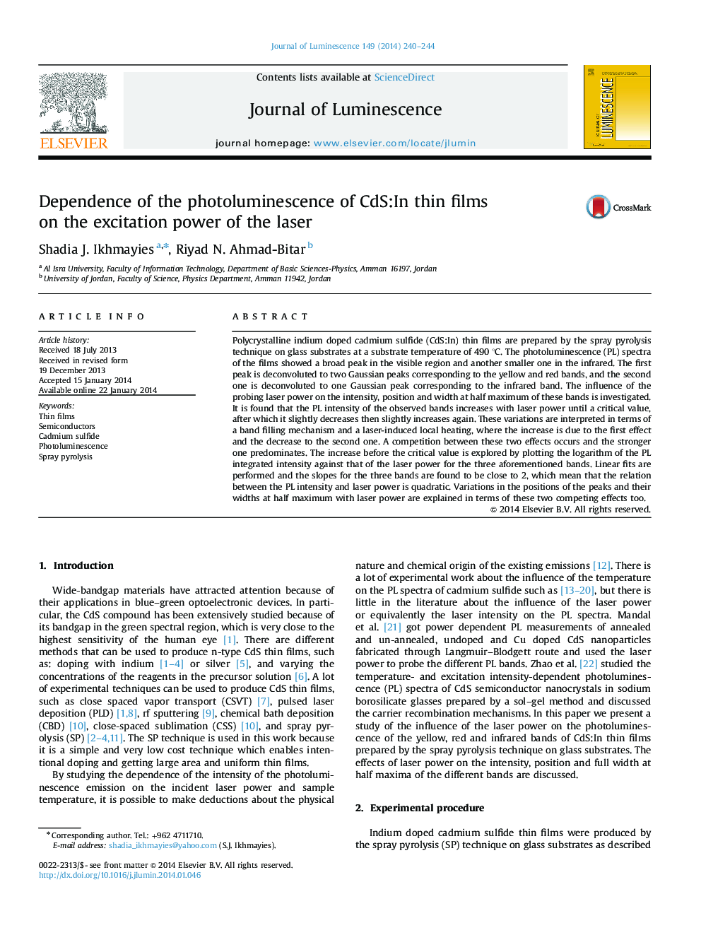 Dependence of the photoluminescence of CdS:In thin films on the excitation power of the laser