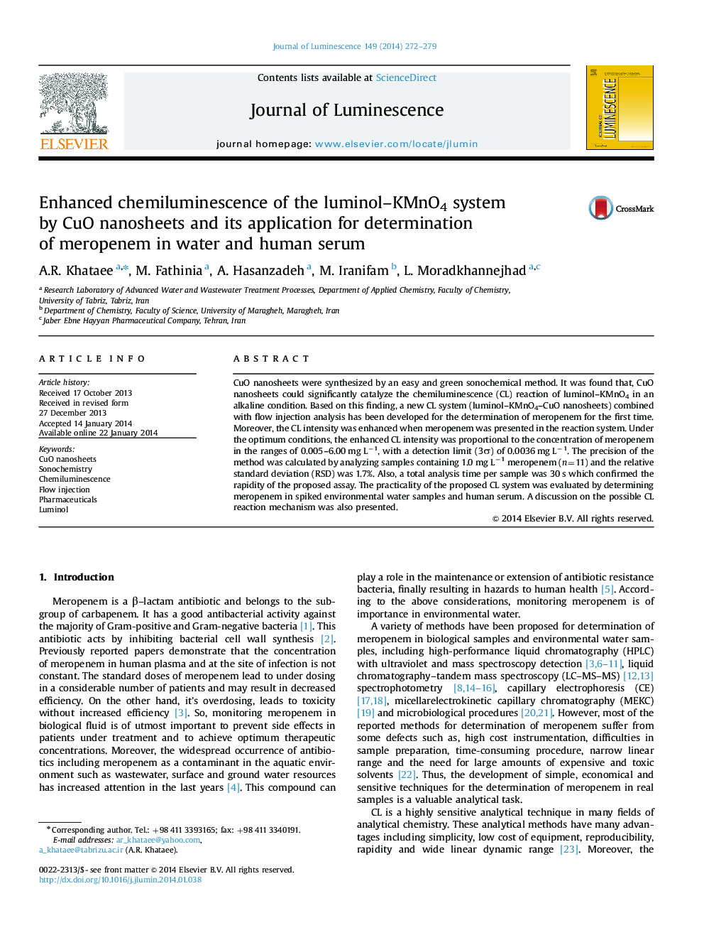 Enhanced chemiluminescence of the luminol-KMnO4 system by CuO nanosheets and its application for determination of meropenem in water and human serum