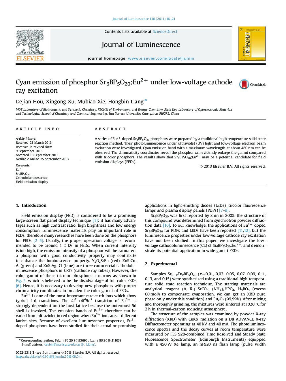 Cyan emission of phosphor Sr6BP5O20:Eu2+ under low-voltage cathode ray excitation