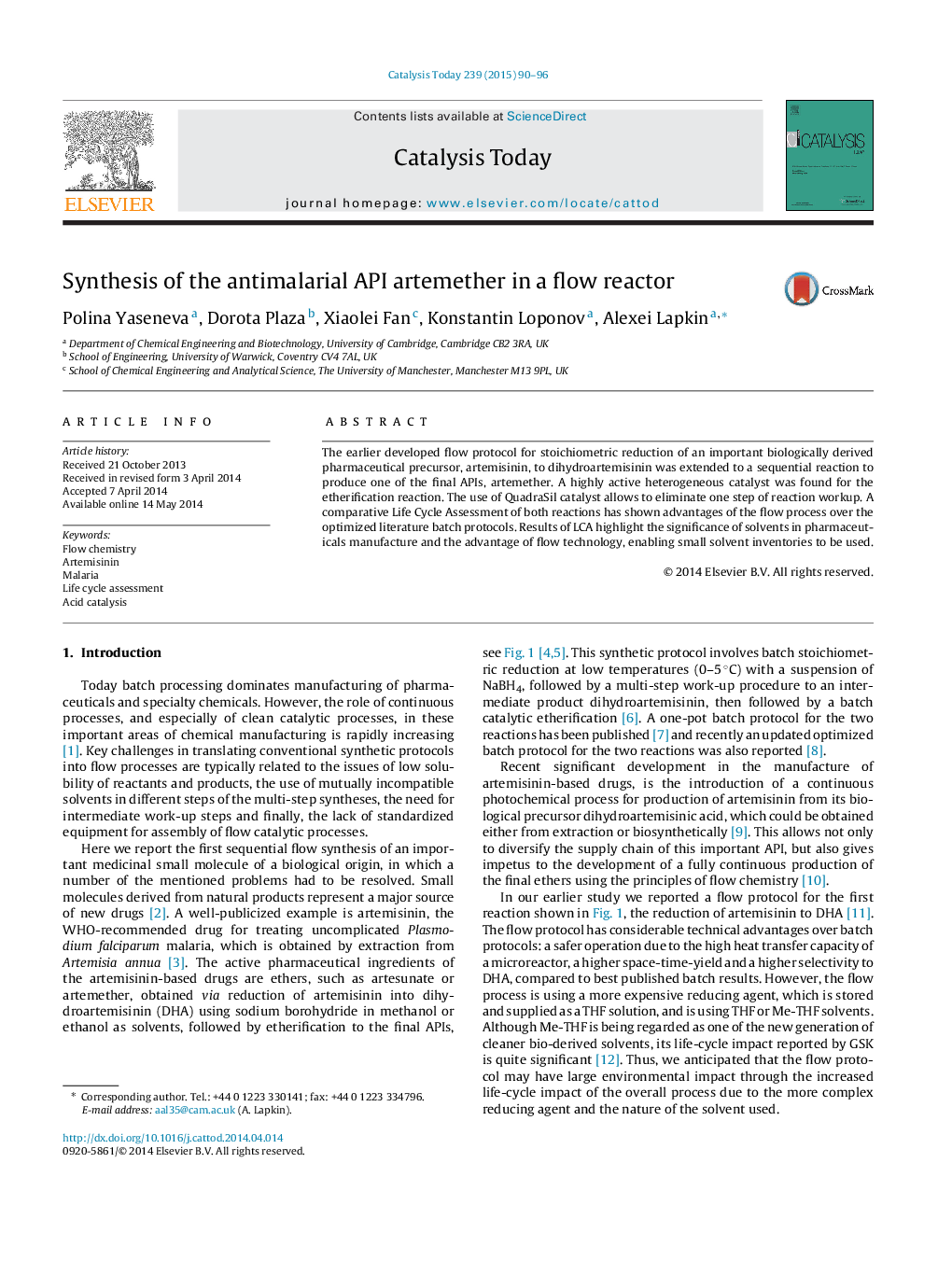 Synthesis of the antimalarial API artemether in a flow reactor