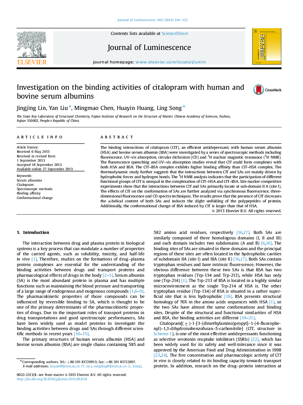 Investigation on the binding activities of citalopram with human and bovine serum albumins