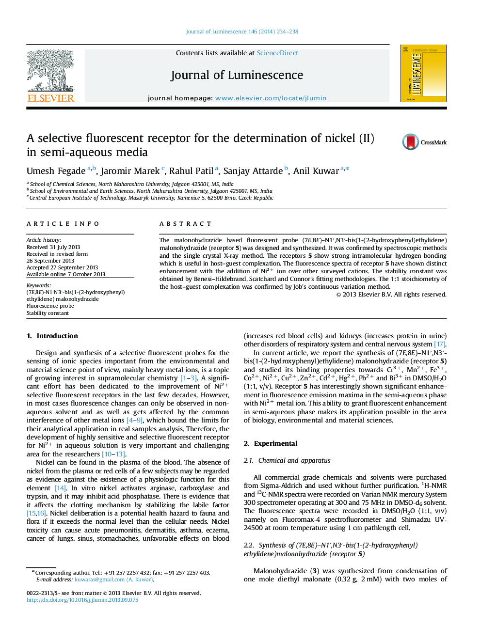 A selective fluorescent receptor for the determination of nickel (II) in semi-aqueous media