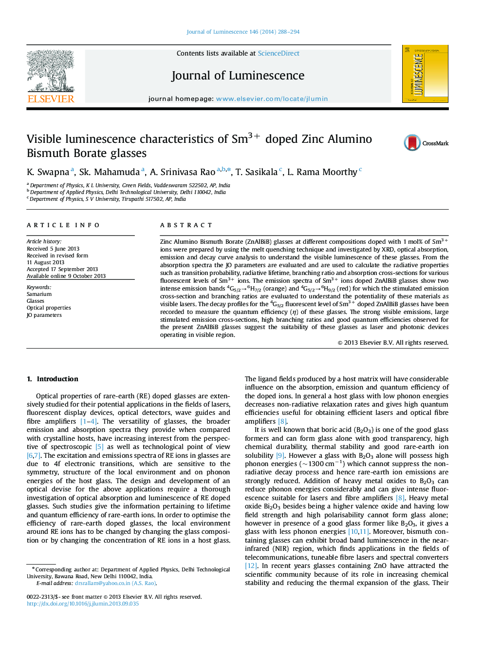 Visible luminescence characteristics of Sm3+ doped Zinc Alumino Bismuth Borate glasses