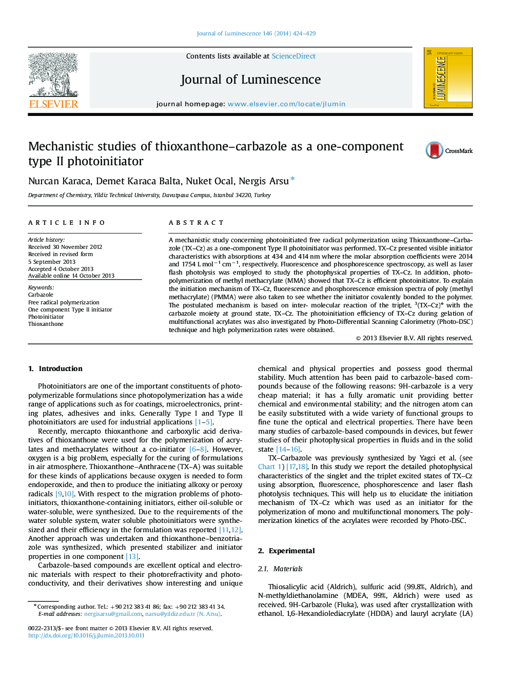 Mechanistic studies of thioxanthone-carbazole as a one-component type II photoinitiator