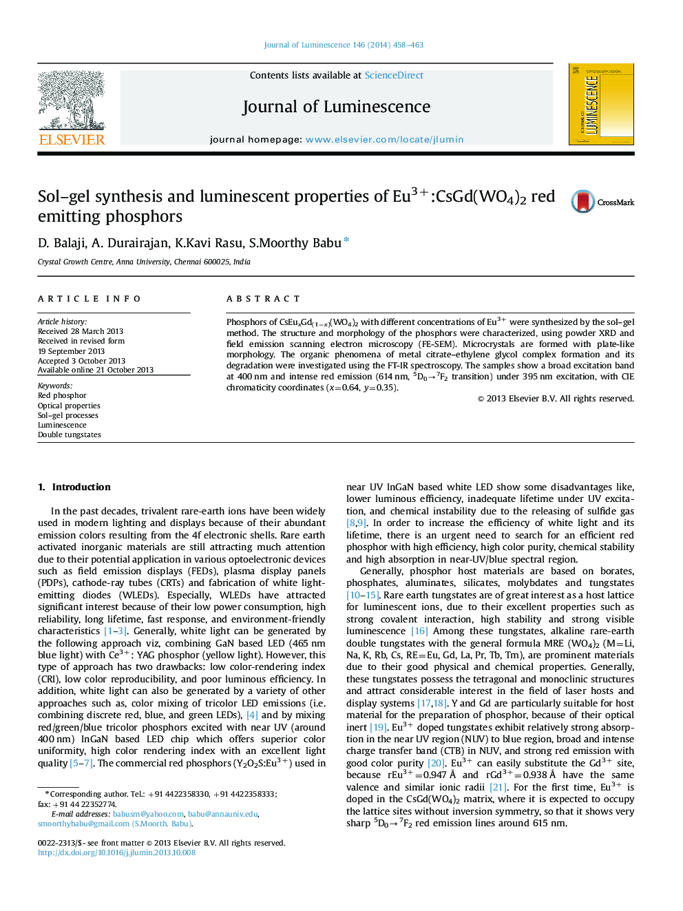 Sol-gel synthesis and luminescent properties of Eu3+:CsGd(WO4)2 red emitting phosphors