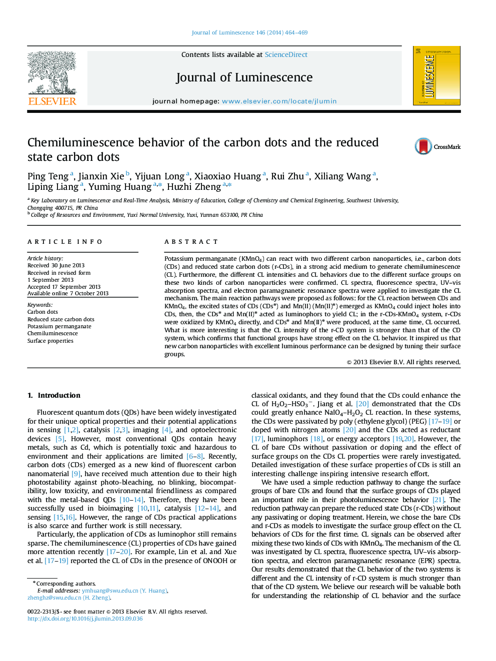 Chemiluminescence behavior of the carbon dots and the reduced state carbon dots