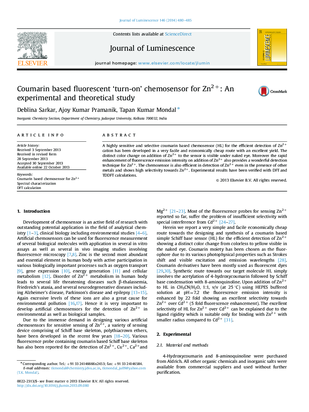 Coumarin based fluorescent 'turn-on' chemosensor for Zn2+: An experimental and theoretical study