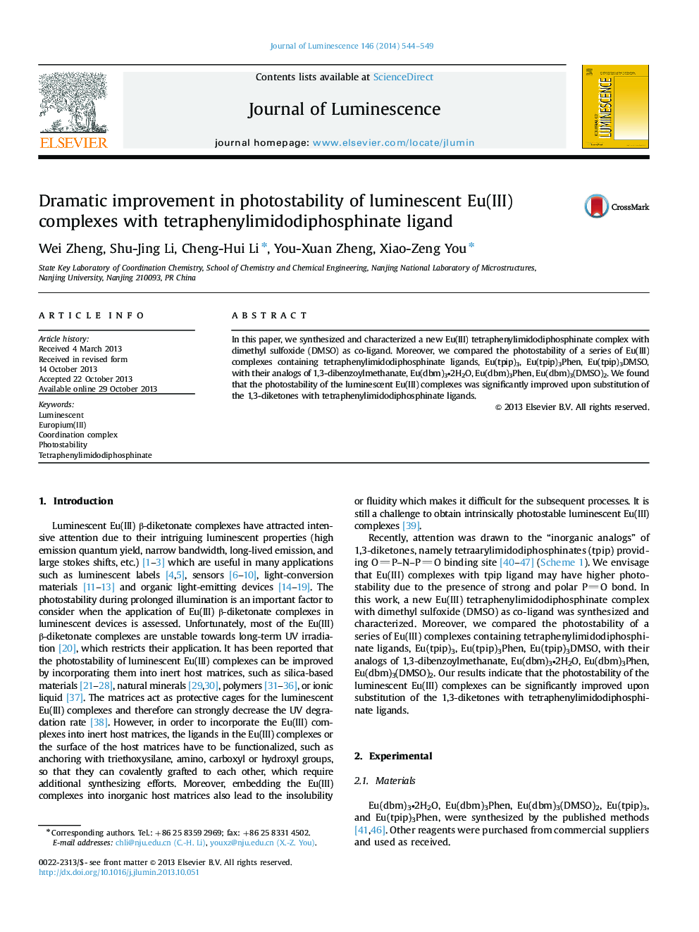 Dramatic improvement in photostability of luminescent Eu(III) complexes with tetraphenylimidodiphosphinate ligand